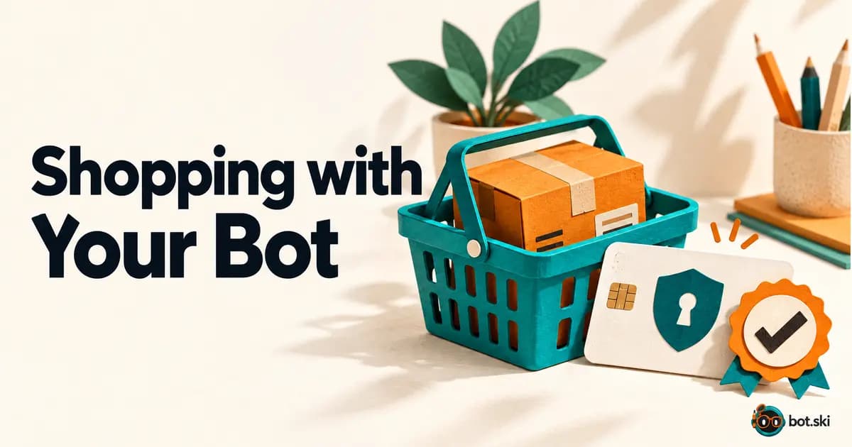 Shopping with Your Bot. A basket, parcel, protected payment token, and approval checkmark.