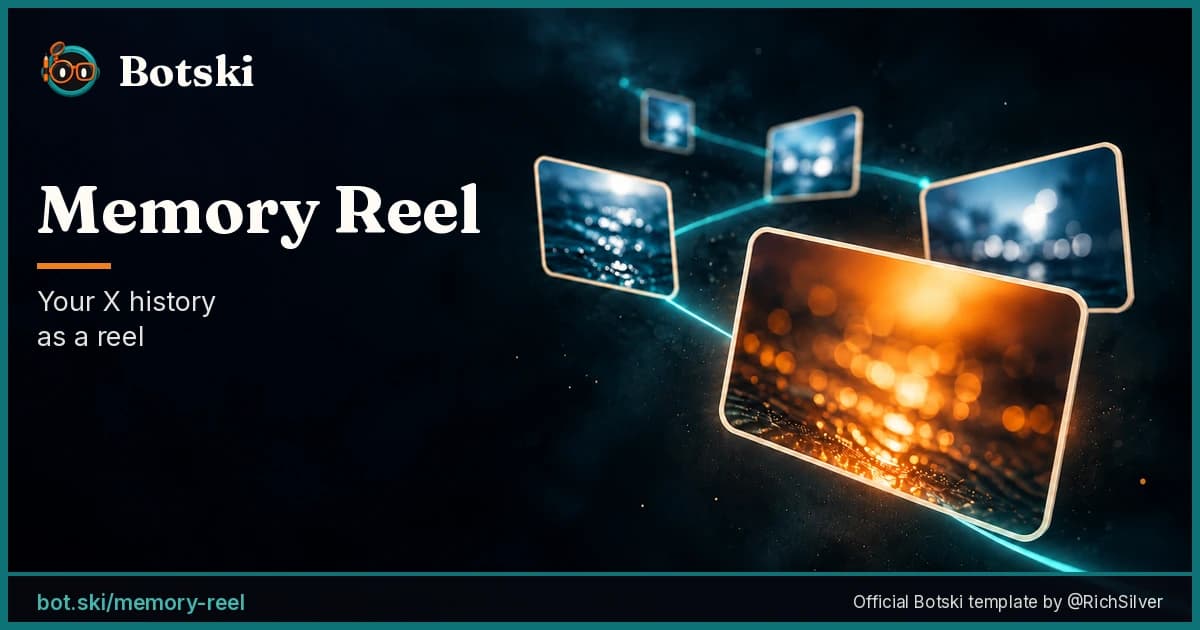 Memory Reel by Botski: your X history as a reel. Photo frames on a teal path, one lit in orange.
