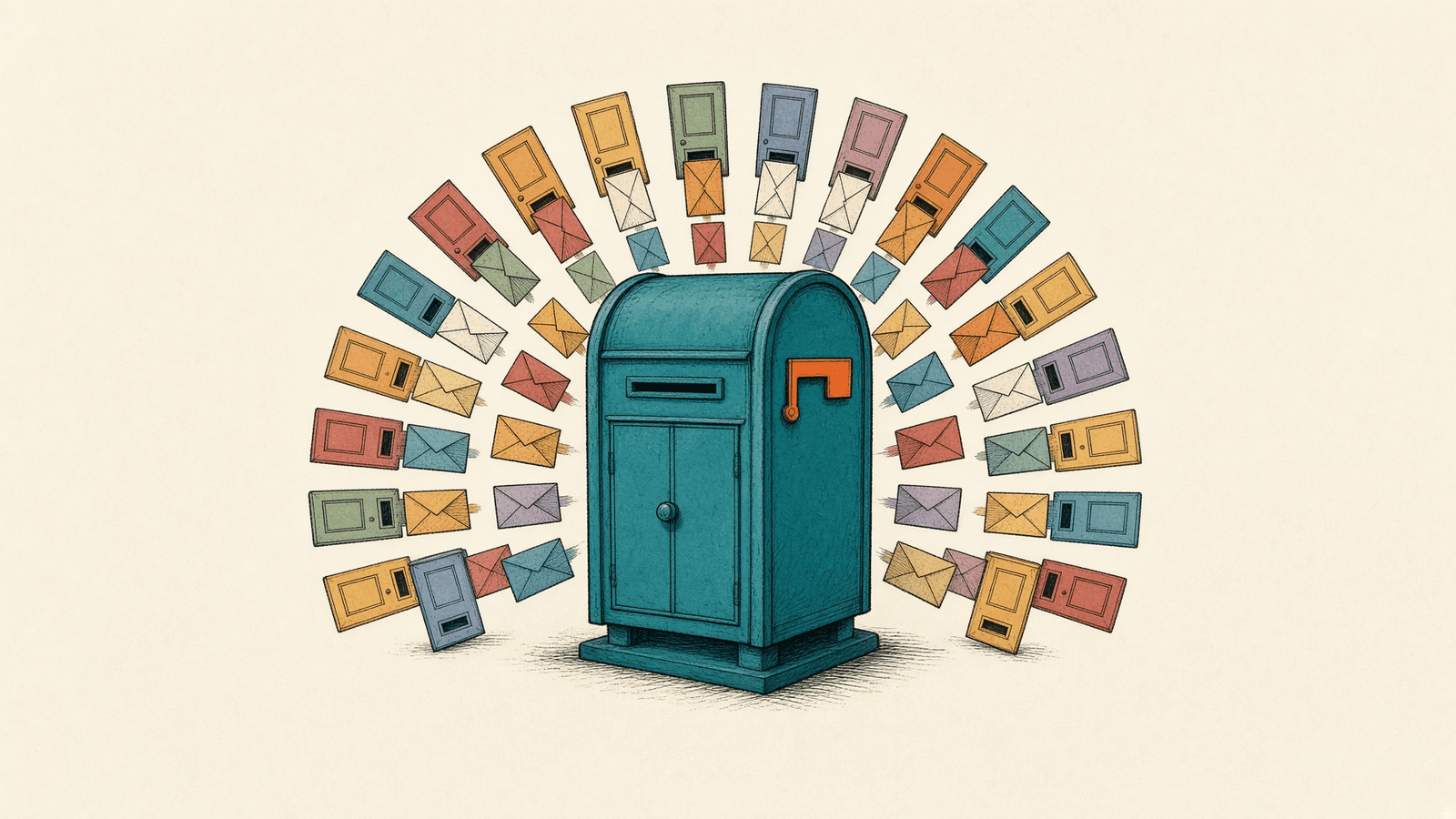 Many small doors send envelopes into one mailbox.