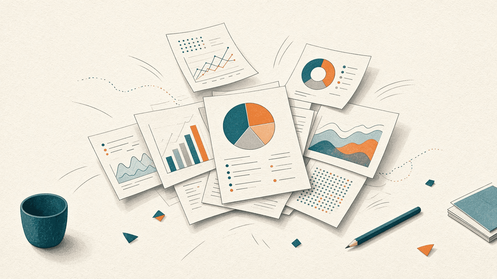 Paper charts and dashboards spread across a desk like an open notebook.