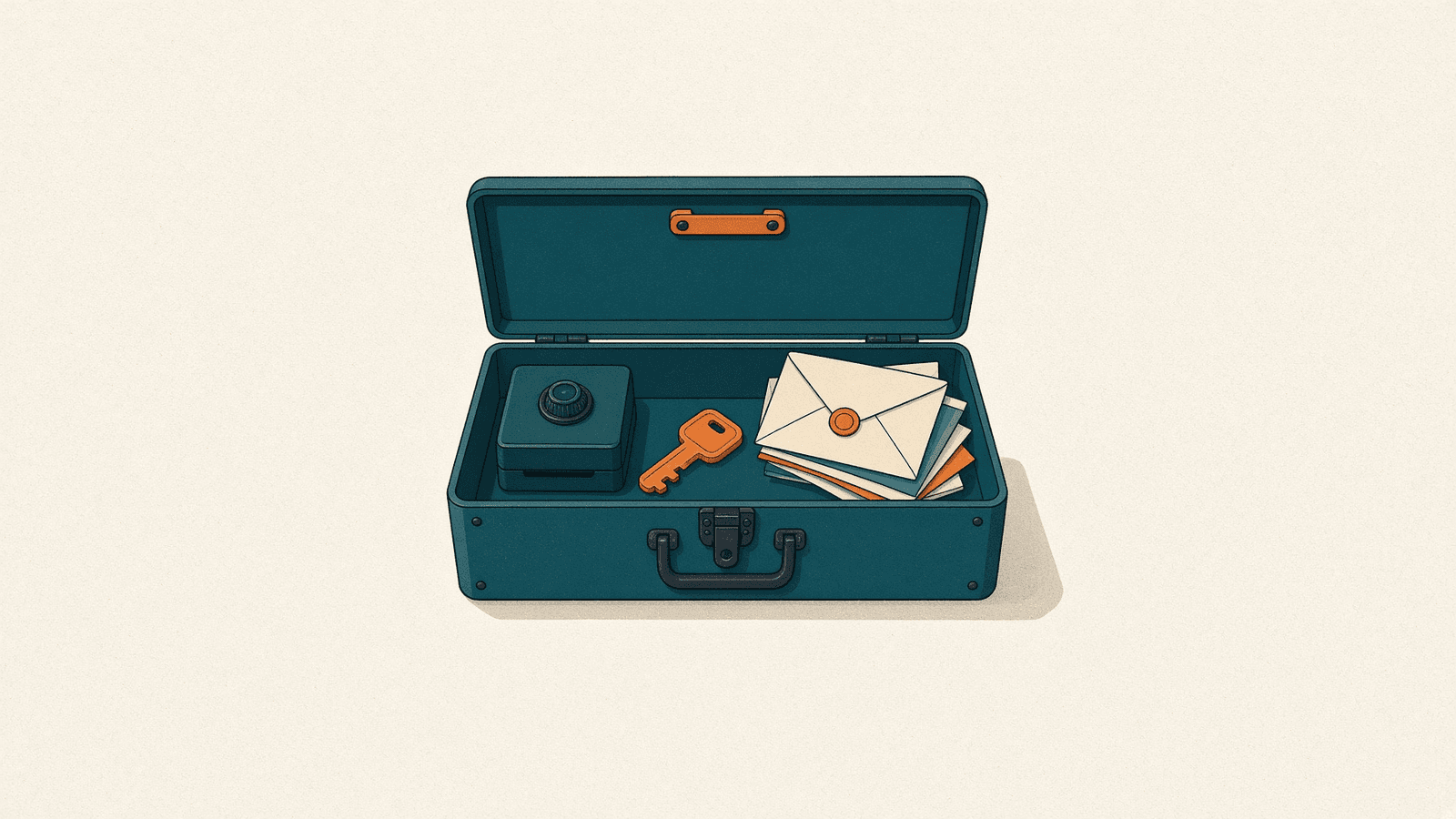 An open toolbox holding a small safe, a key and a stack of envelopes.