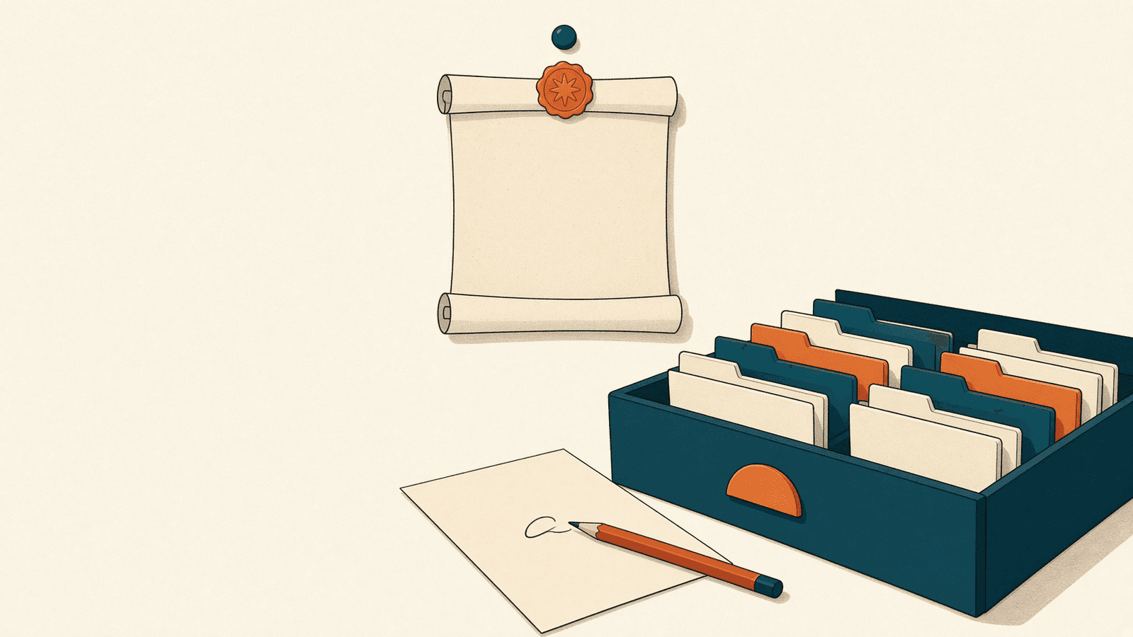 A sealed blank scroll above a drawer of folders, with a red pencil marking a page.