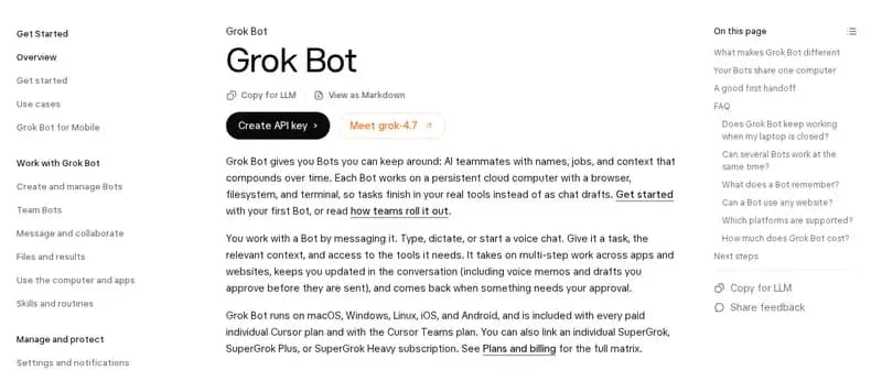 Screenshot of the Grok Bot overview in SpaceXAI's documentation.