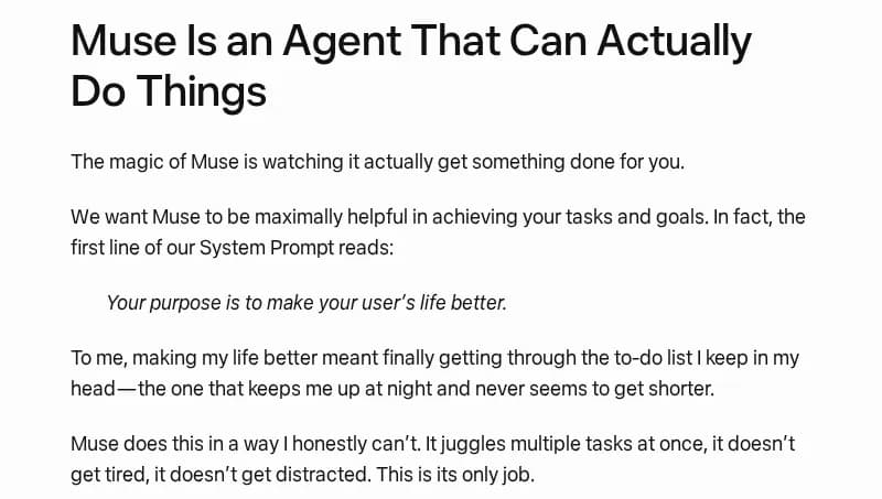Screenshot of the “Muse Is an Agent That Can Actually Do Things” section of Meta’s “How We Designed Muse” page.