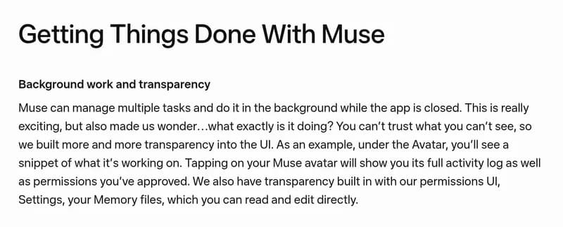 Screenshot of the “Getting Things Done With Muse” section of Meta’s design post, under the subheading “Background work and transparency.” It says Muse can manage multiple tasks in the background while the app is closed, that tapping your Muse avatar shows its full activity log and approved permissions, and that you can read and edit your Memory files directly.