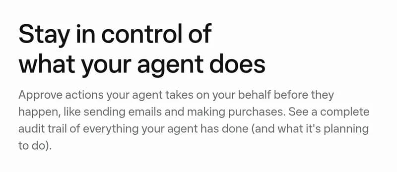 Screenshot of a muse.ai section headed “Stay in control of what your agent does.” The text says you approve actions your agent takes on your behalf before they happen, like sending emails and making purchases, and can see a complete audit trail of everything your agent has done and plans to do.