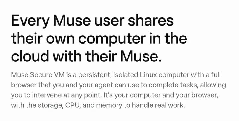 Screenshot of a muse.ai section headed “Every Muse user shares their own computer in the cloud with their Muse.” The text says Muse Secure VM is a persistent, isolated Linux computer with a full browser that you and your agent can use to complete tasks, and that you can intervene at any point.
