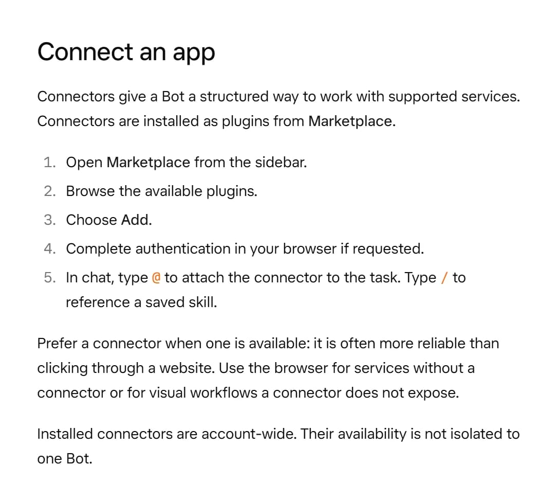 Grok Bot docs, Connect an app: open Marketplace, browse plugins, choose Add, sign in if asked, then type @ in chat to attach the connector. Installed connectors are account-wide.