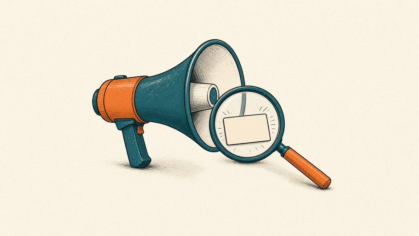 A magnifying glass over a big megaphone shows a small blank card.