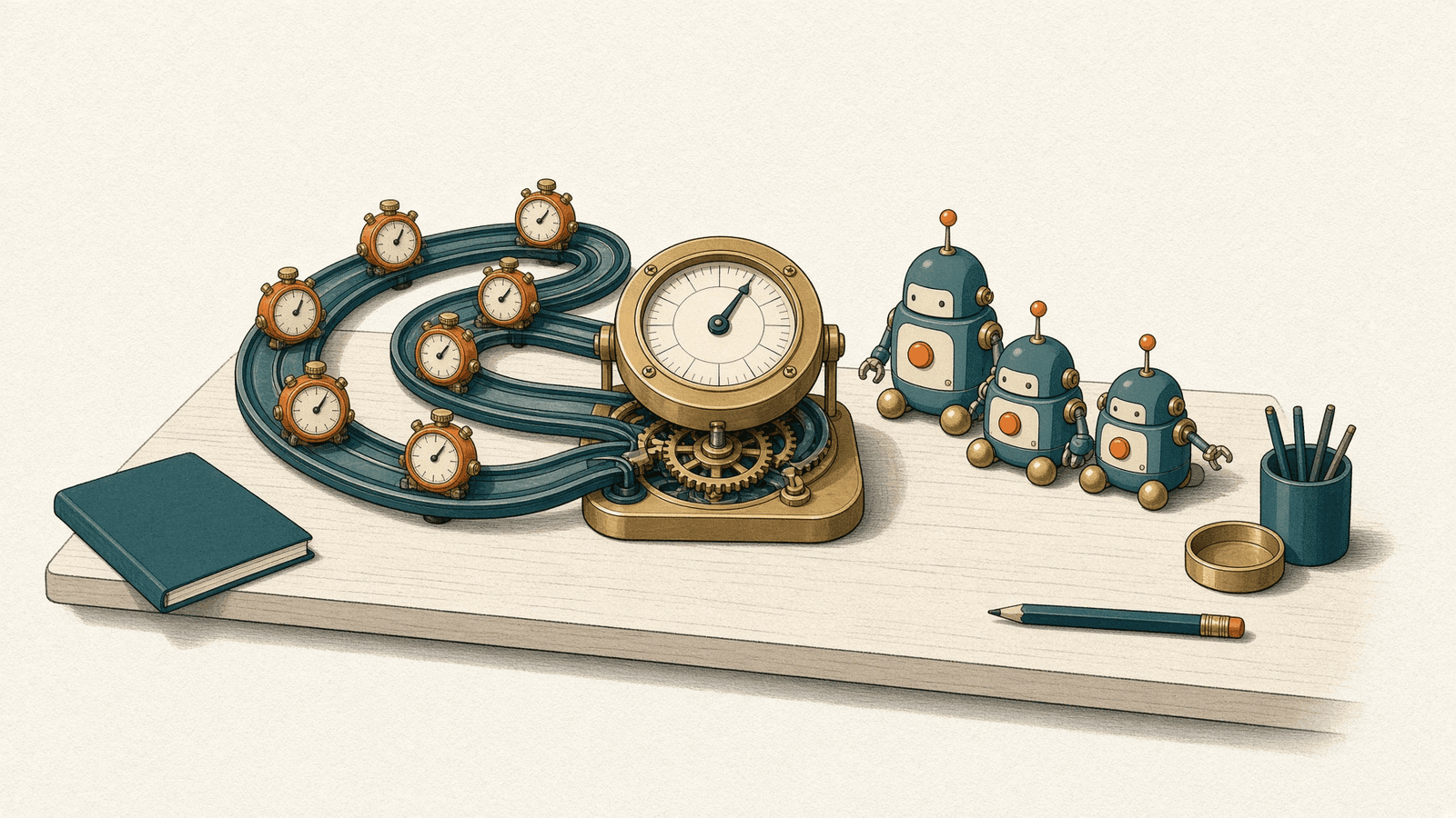 Looping timers spin a usage meter while robots rest beside it.