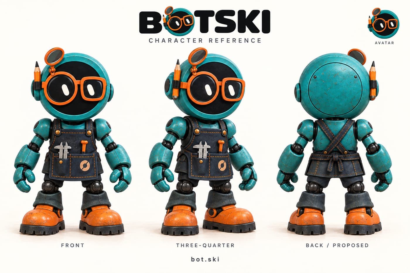 Botski character turnaround: front, three-quarter, and proposed rear views.