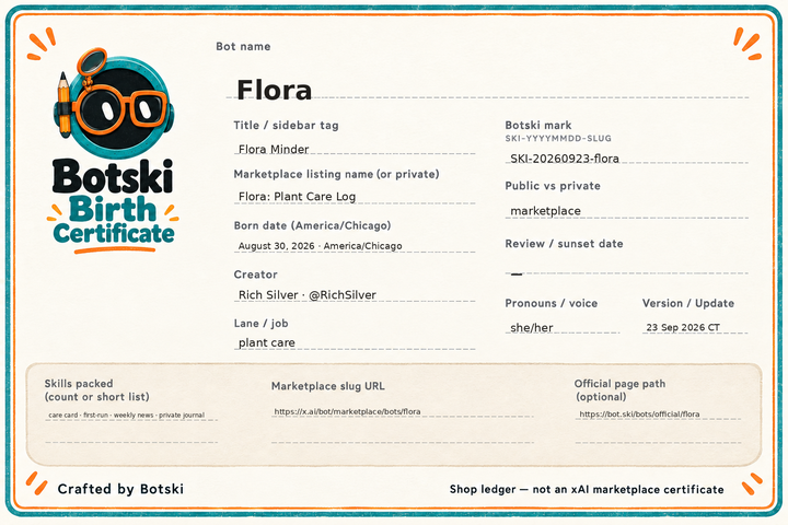 Flora Botski shop ledger birth certificate. Shop ledger — not an x.ai Marketplace certificate.