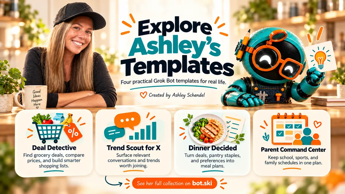 Illustration inviting readers to explore Ashley Schendel’s Grok Bot templates, with the Botski mascot.